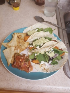 Sweet Potato and Black Bean Tacos with home made tortilla chips and roasted salsa