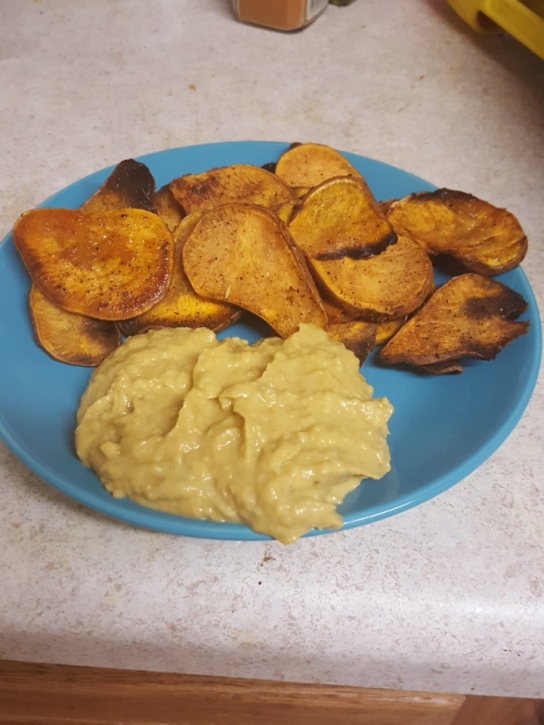 Garam Masala Spiced Sweet Potato Chips with Siracha Lime Avocado Hummus